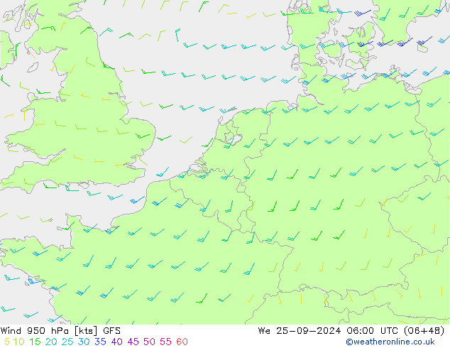 Vento 950 hPa GFS Qua 25.09.2024 06 UTC