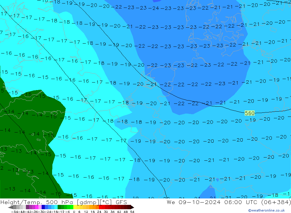 Z500/Rain (+SLP)/Z850 GFS Mi 09.10.2024 06 UTC