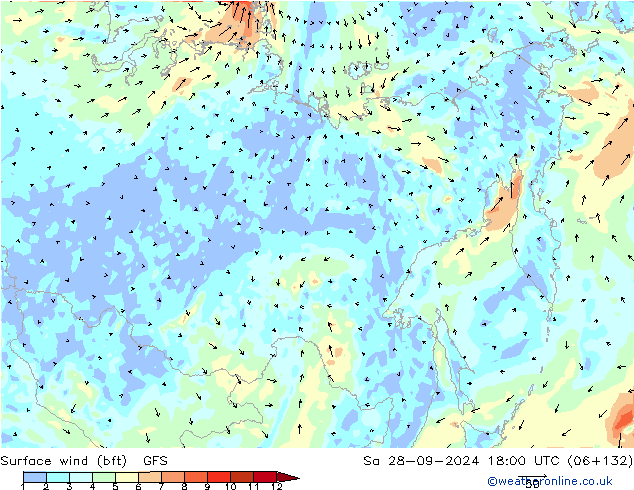 Surface wind (bft) GFS So 28.09.2024 18 UTC