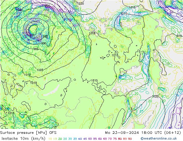 Isotachs (kph) GFS Mo 23.09.2024 18 UTC