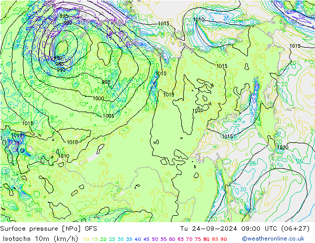 Isotachs (kph) GFS mar 24.09.2024 09 UTC