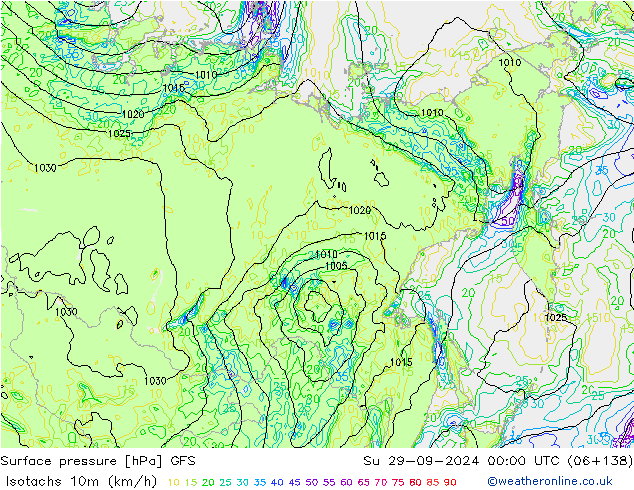 Isotachs (kph) GFS dim 29.09.2024 00 UTC