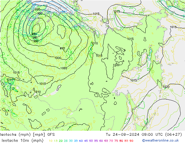 Isotachs (mph) GFS mar 24.09.2024 09 UTC