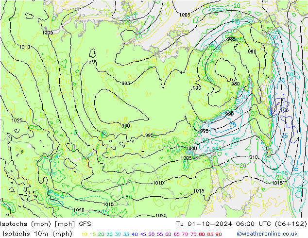 Isotachs (mph) GFS Tu 01.10.2024 06 UTC