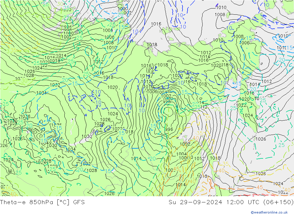 Theta-e 850hPa GFS dom 29.09.2024 12 UTC