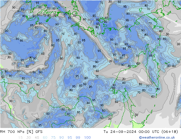 RH 700 hPa GFS Út 24.09.2024 00 UTC