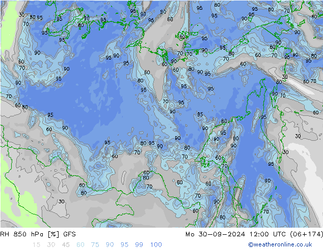 RH 850 hPa GFS lun 30.09.2024 12 UTC