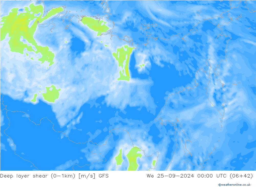 Deep layer shear (0-1km) GFS We 25.09.2024 00 UTC