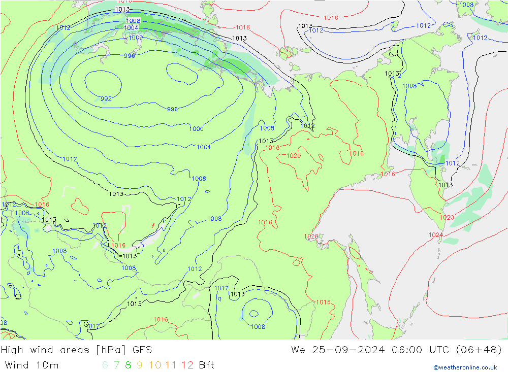 High wind areas GFS Qua 25.09.2024 06 UTC