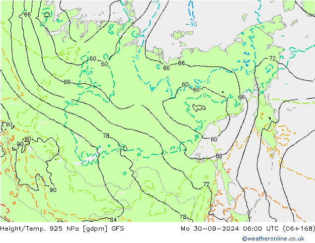 Hoogte/Temp. 925 hPa GFS ma 30.09.2024 06 UTC