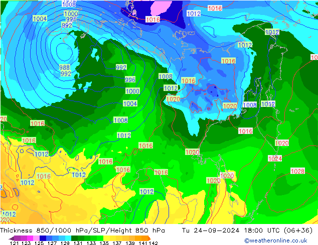 Espesor 850-1000 hPa GFS mar 24.09.2024 18 UTC