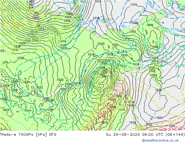 Theta-e 700hPa GFS  29.09.2024 06 UTC