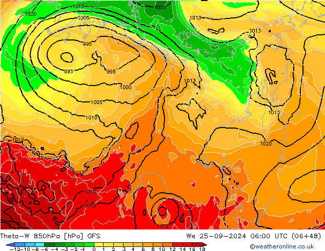 Theta-W 850hPa GFS mié 25.09.2024 06 UTC