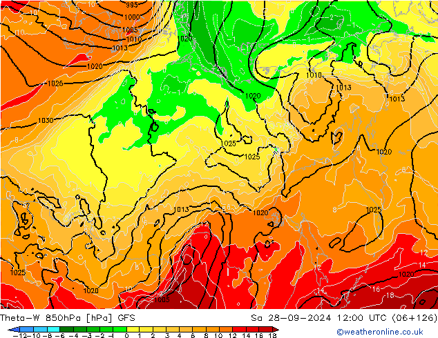 Theta-W 850hPa GFS sáb 28.09.2024 12 UTC