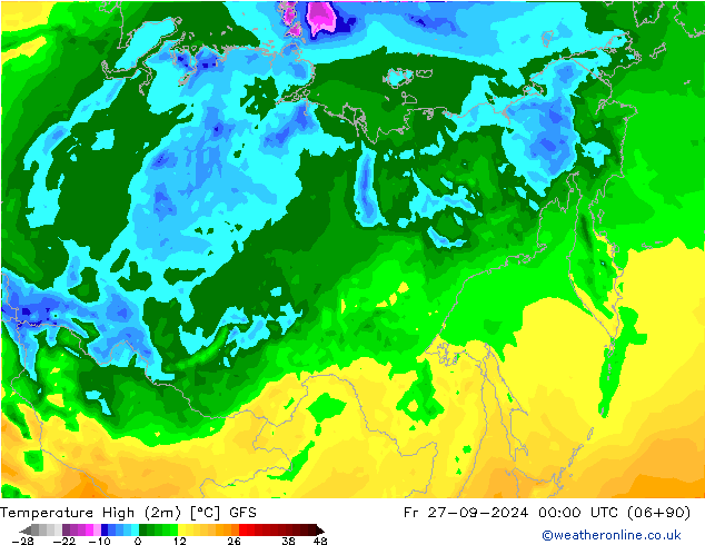 Nejvyšší teplota (2m) GFS Pá 27.09.2024 00 UTC