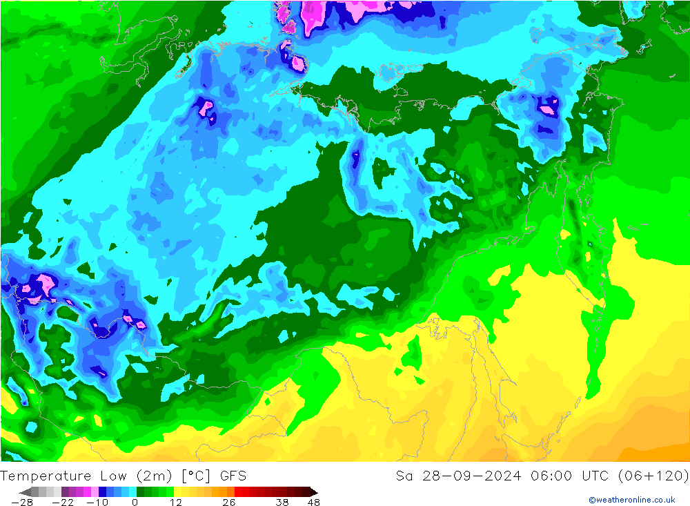 température 2m min GFS sam 28.09.2024 06 UTC