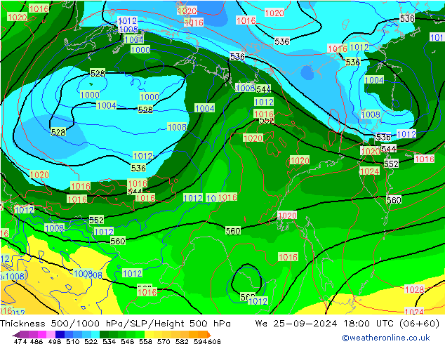 Schichtdicke 500-1000 hPa GFS Mi 25.09.2024 18 UTC