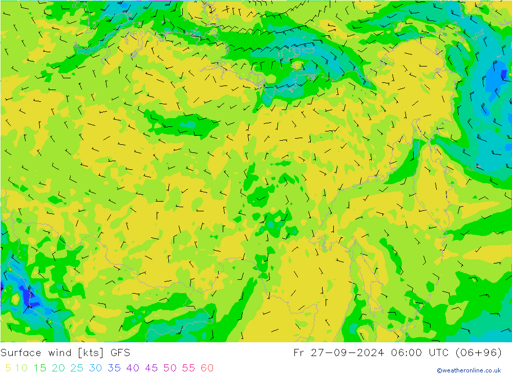 Rüzgar 10 m GFS Cu 27.09.2024 06 UTC