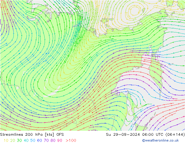 Linea di flusso 200 hPa GFS dom 29.09.2024 06 UTC