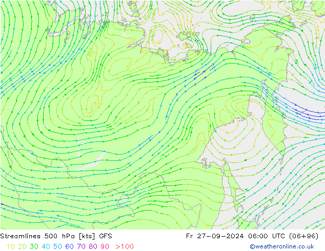 Streamlines 500 hPa GFS Fr 27.09.2024 06 UTC