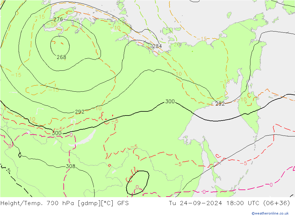 Height/Temp. 700 гПа GFS вт 24.09.2024 18 UTC