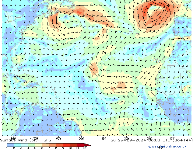 Surface wind (bft) GFS Su 29.09.2024 06 UTC