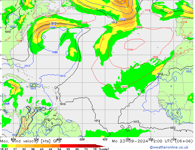 Max. wind velocity GFS pon. 23.09.2024 12 UTC