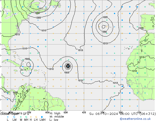 Cloud layer GFS Вс 06.10.2024 06 UTC