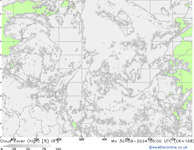 Cloud cover (high) GFS Mo 30.09.2024 06 UTC