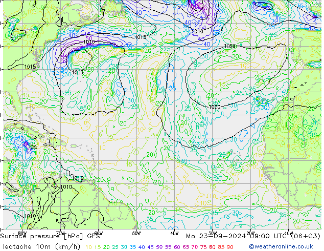 Isotachs (kph) GFS Mo 23.09.2024 09 UTC