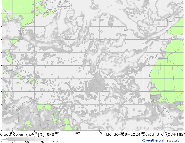 Cloud cover (low) GFS Mo 30.09.2024 06 UTC