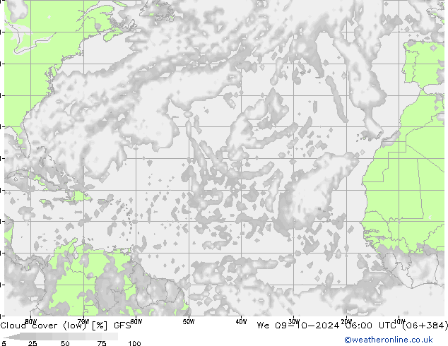 Cloud cover (low) GFS We 09.10.2024 06 UTC