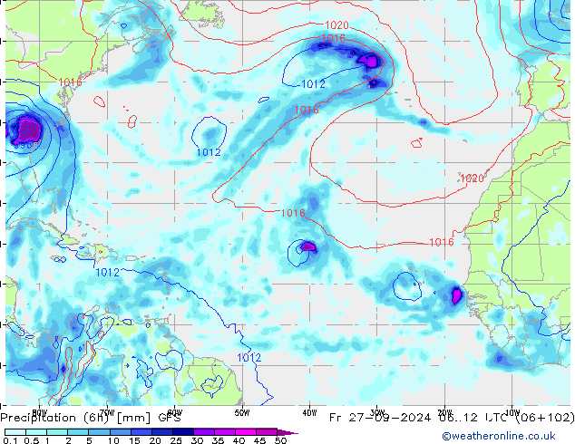 Precipitation (6h) GFS Pá 27.09.2024 12 UTC