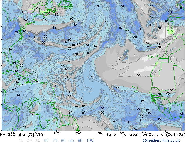 RH 850 hPa GFS wto. 01.10.2024 06 UTC