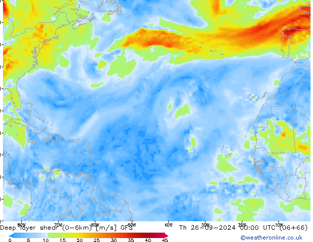 Deep layer shear (0-6km) GFS jeu 26.09.2024 00 UTC