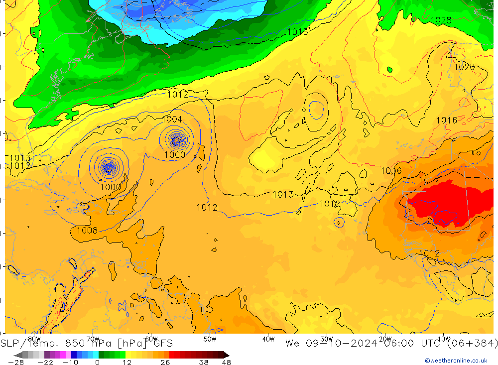 SLP/Temp. 850 hPa GFS wo 09.10.2024 06 UTC