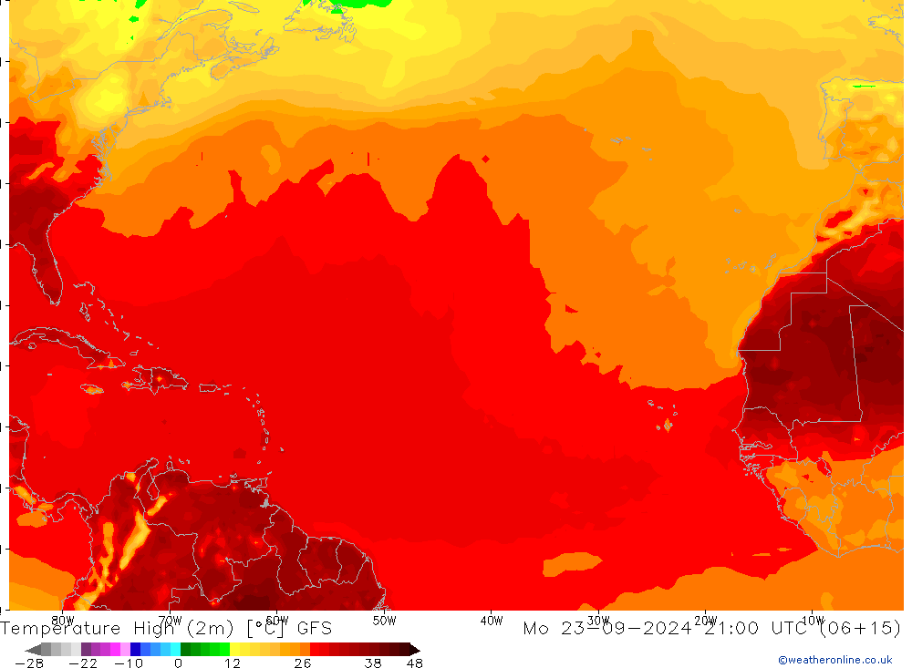 Max.temperatuur (2m) GFS ma 23.09.2024 21 UTC