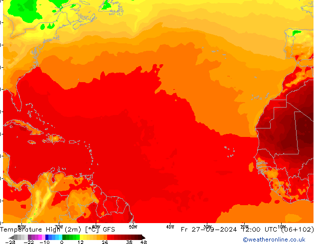 Max. Temperatura (2m) GFS pt. 27.09.2024 12 UTC