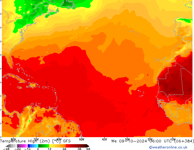 température 2m max GFS mer 09.10.2024 06 UTC