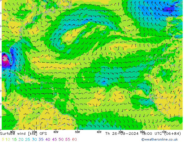 Viento 10 m GFS jue 26.09.2024 18 UTC