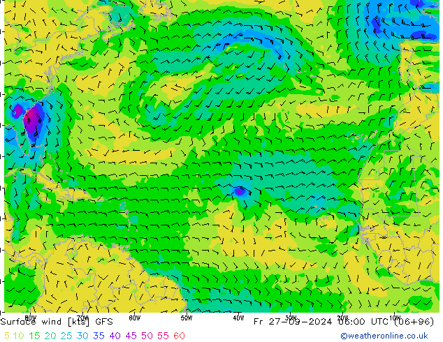 wiatr 10 m GFS pt. 27.09.2024 06 UTC