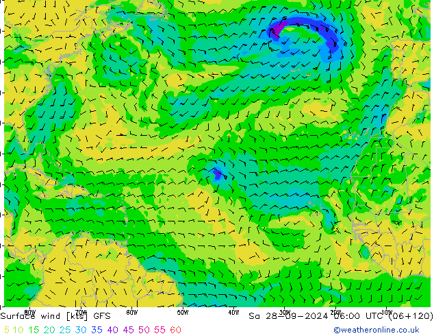 Wind 10 m GFS za 28.09.2024 06 UTC