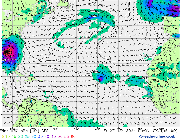 wiatr 950 hPa GFS pt. 27.09.2024 00 UTC