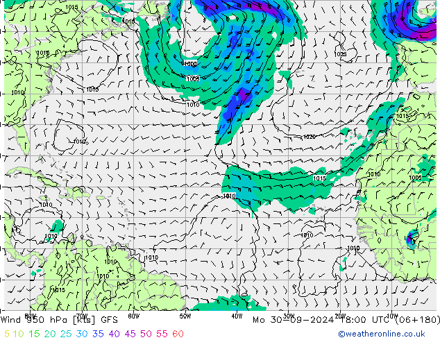 wiatr 950 hPa GFS pon. 30.09.2024 18 UTC