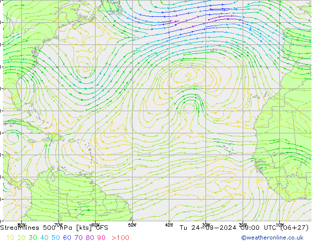 Streamlines 500 hPa GFS Tu 24.09.2024 09 UTC