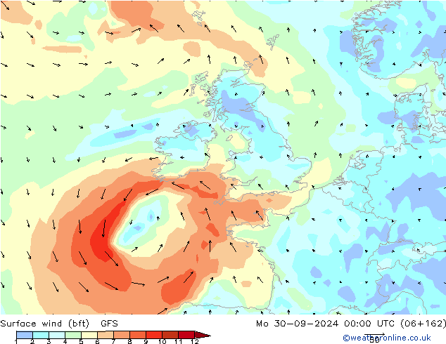 Vent 10 m (bft) GFS lun 30.09.2024 00 UTC