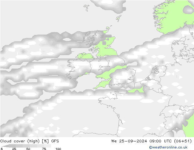 Cloud cover (high) GFS We 25.09.2024 09 UTC