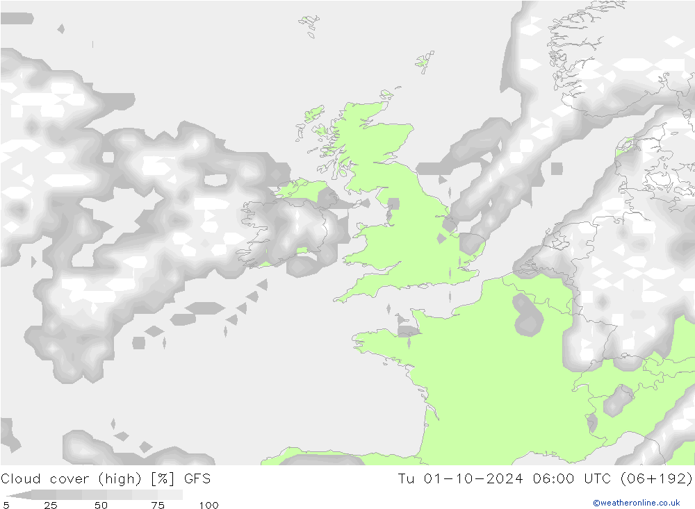 Cloud cover (high) GFS Tu 01.10.2024 06 UTC