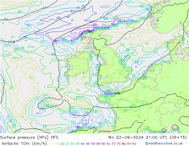 Isotachs (kph) GFS Mo 23.09.2024 21 UTC