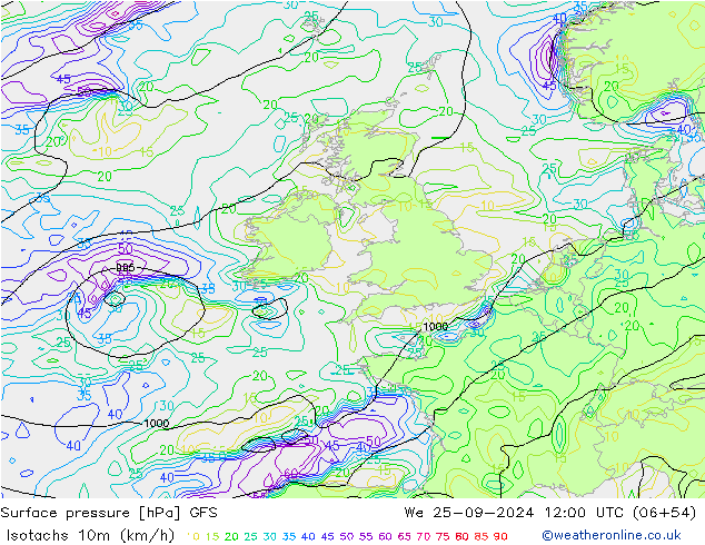 Isotachs (kph) GFS Qua 25.09.2024 12 UTC